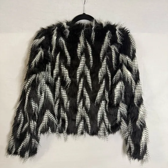 Yoki Women Stunning Black Gray‎ Faux Fur Feather Coat Size M Bohemian Streetwear